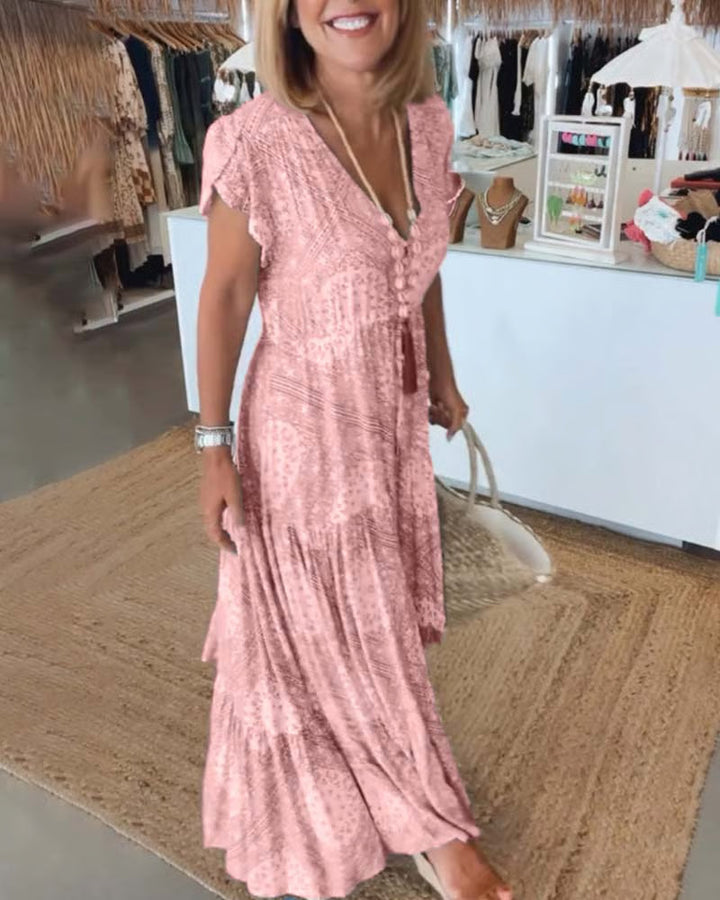 Elegant V-Neck Dress in White, Rosa, Blue