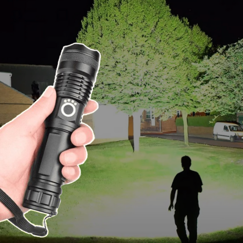 Ultra bright 90,000 lumen XHP50.2 LED flashlight, perfect for outdoor adventures & emergencies.