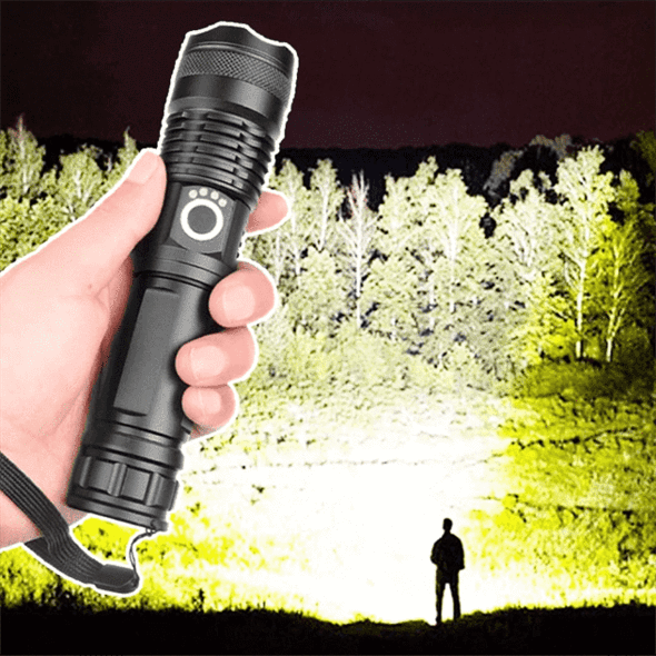 Rechargeable & zoomable XHP50.2 LED flashlight for tactical use, camping, hunting & emergencies.