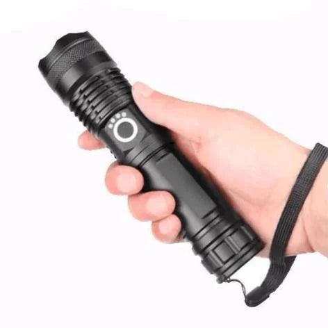 Durable 90,000 lumen LED flashlight, XHP50.2 chip, ideal for camping, hunting, & outdoor emergencies.