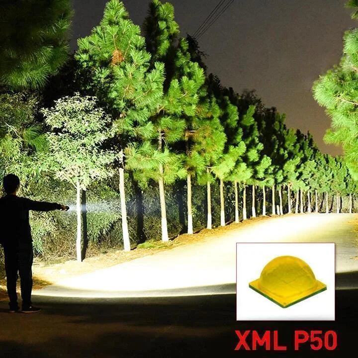 Powerful 90,000 lumen XHP50.2 LED flashlight, rechargeable & zoomable for camping & outdoor safety.