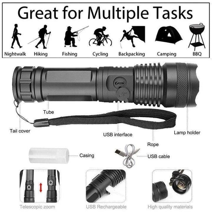 Heavy-duty 90,000 lumen XHP50.2 LED flashlight, portable for camping, hunting, and emergency preparedness.