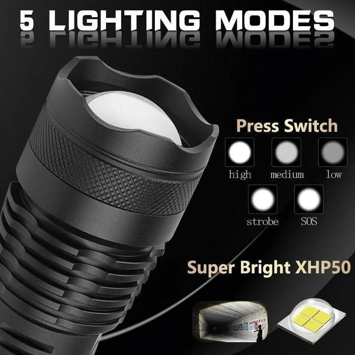 Super bright 90,000 lumen XHP50.2 LED flashlight, rechargeable, zoomable & durable for outdoor use.