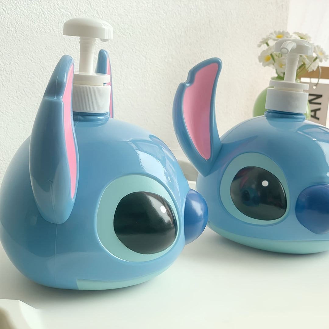 Cute Disney Stitch character liquid soap dispenser for bathroom & kitchen. Durable PVC shampoo pump bottle for home.