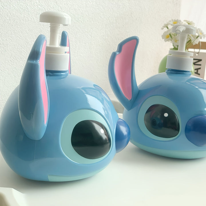 Cute Disney Stitch character liquid soap dispenser for bathroom & kitchen. Durable PVC shampoo pump bottle for home.
