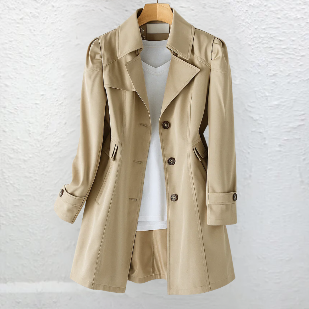 Stylish women's vintage trench coat, perfect button-front outerwear for elegant fall & spring fashion.