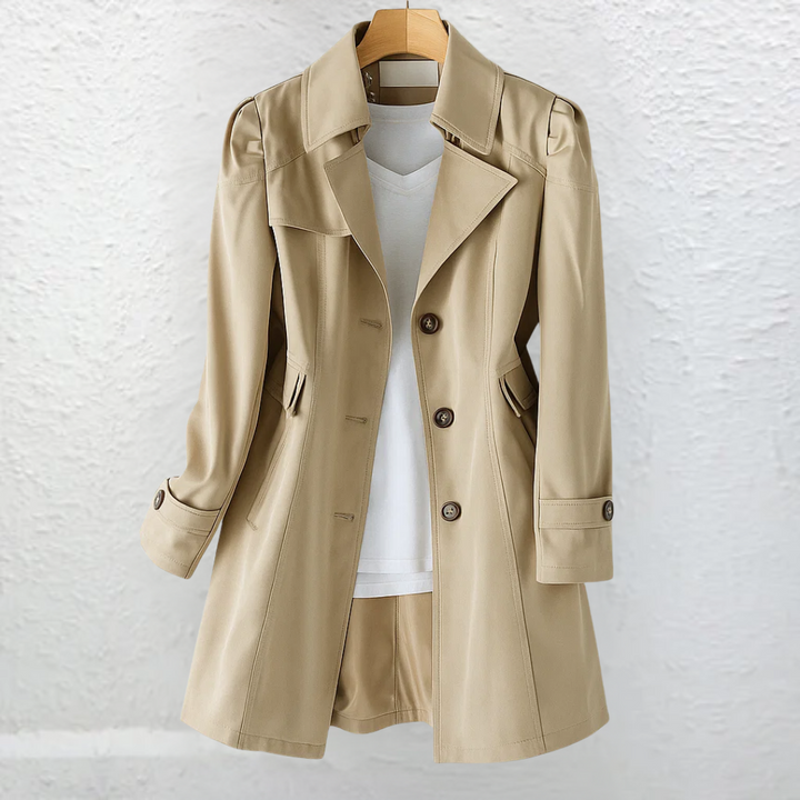 Stylish women's vintage trench coat, perfect button-front outerwear for elegant fall & spring fashion.
