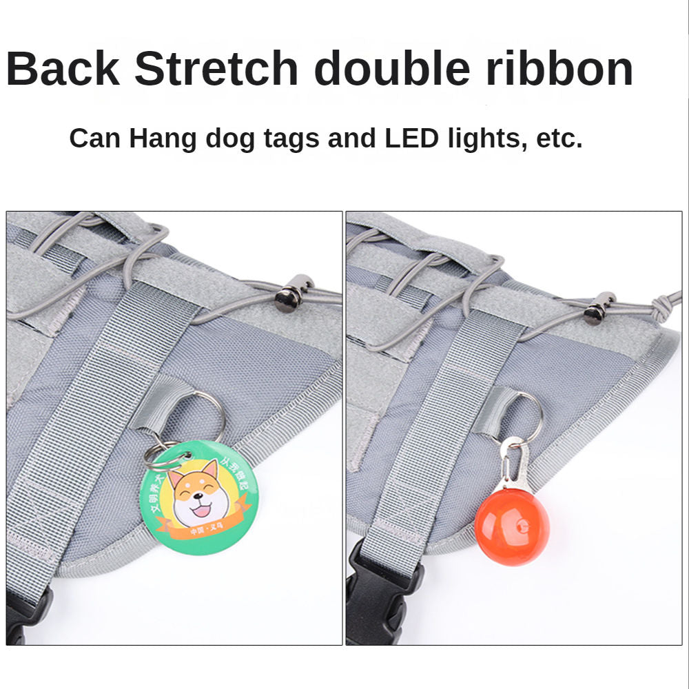 Large dog wearing a tactical walking harness, strong and adjustable for secure outdoor adventures & daily use.