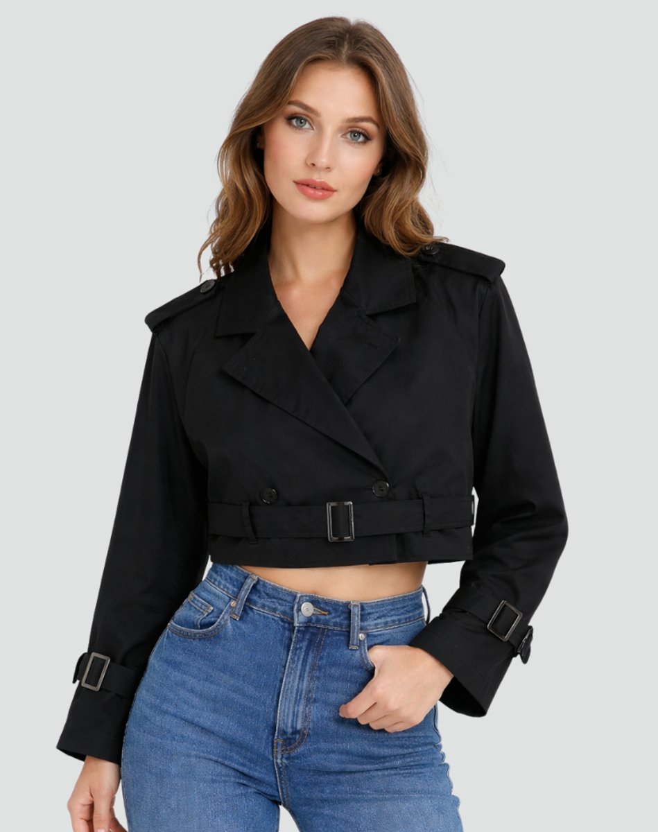 Women's elegant cropped trench coat featuring double-breasted design & stylish belt. Versatile jacket.