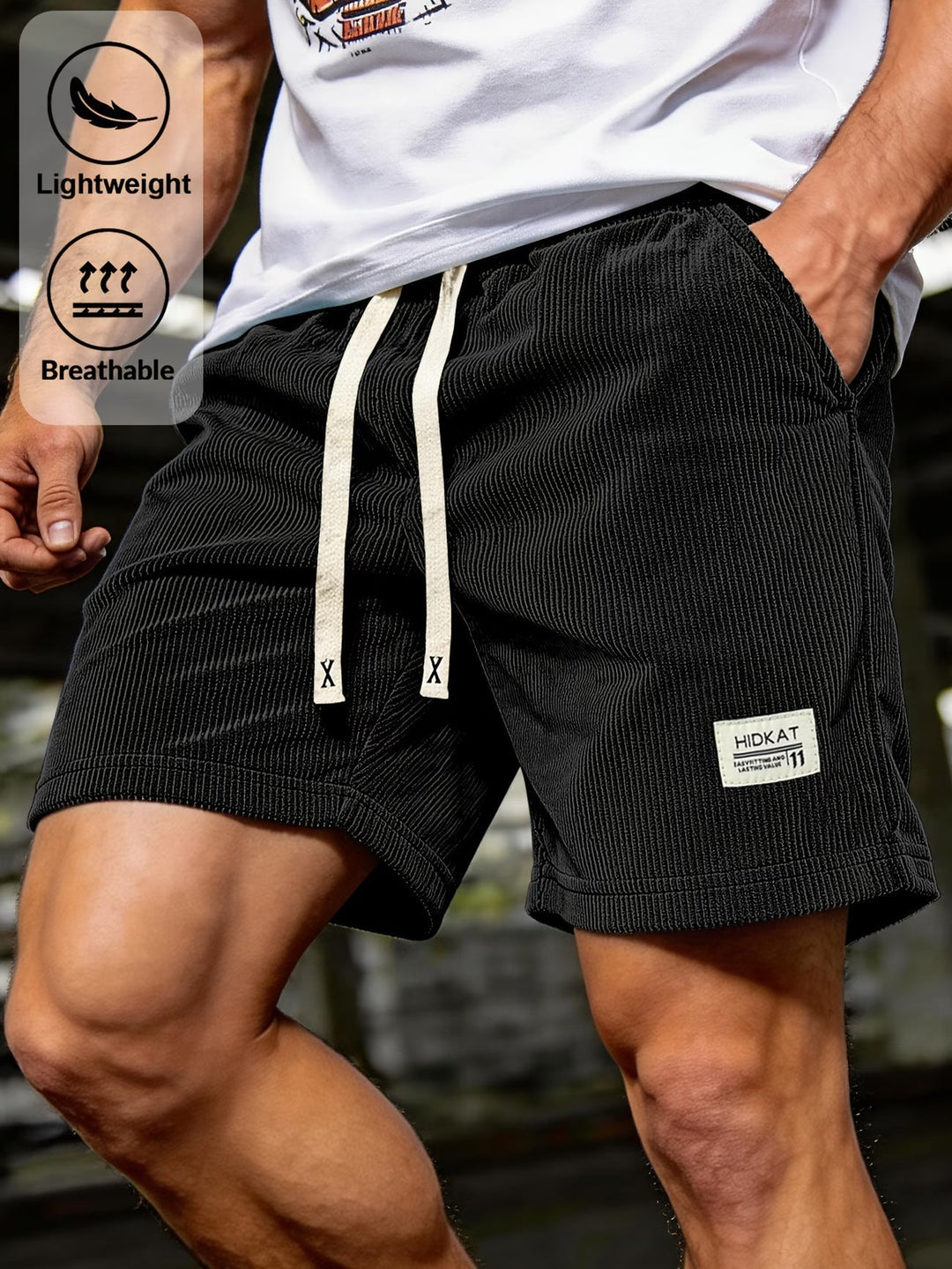 Men's casual textured drawstring shorts, ideal for summer & everyday comfort. Relaxed fit warm weather wear.