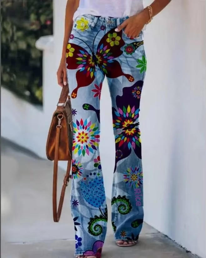 Women's Floral Print High Waist Jeans