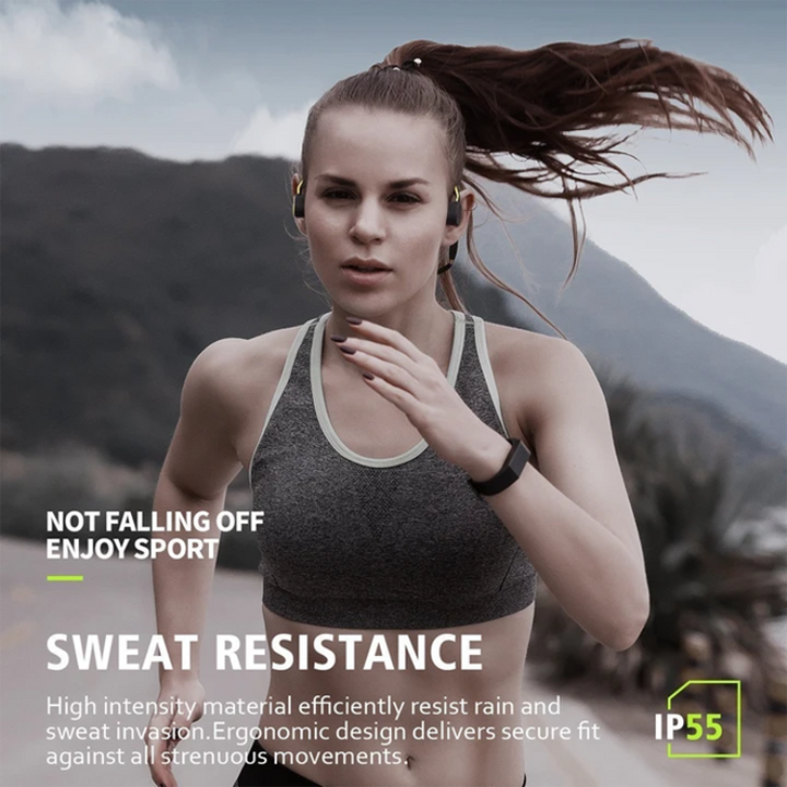 Black open-ear wireless headphones, comfort fit, sweat-resistant, designed for active users and situational awareness.