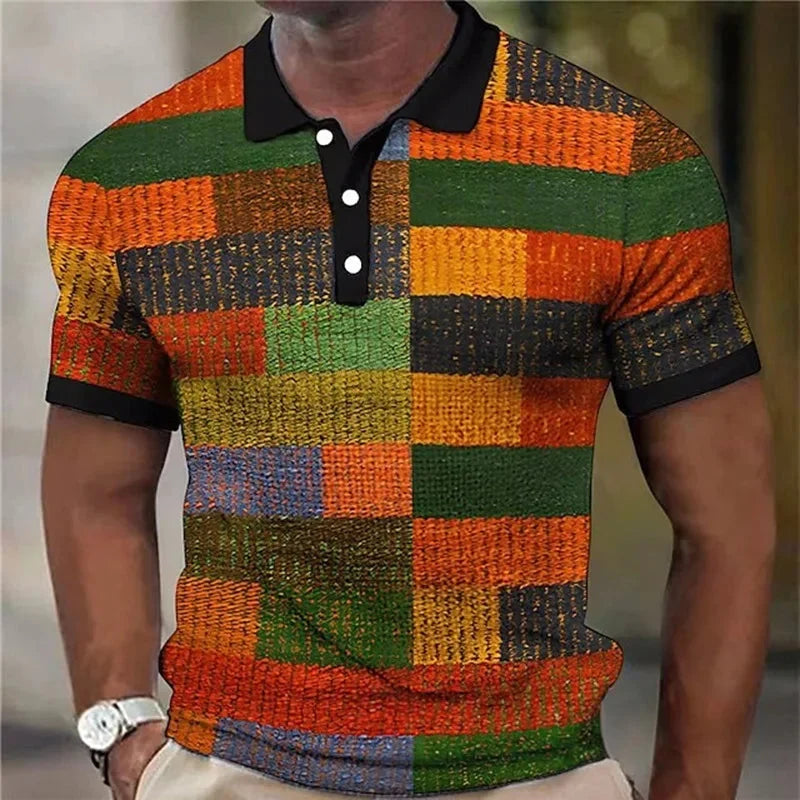 Men's casual polo shirt with a distinctive vibrant plaid patchwork pattern, offering a bold and modern look.