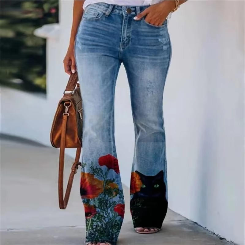 Women's Floral Print High Waist Jeans