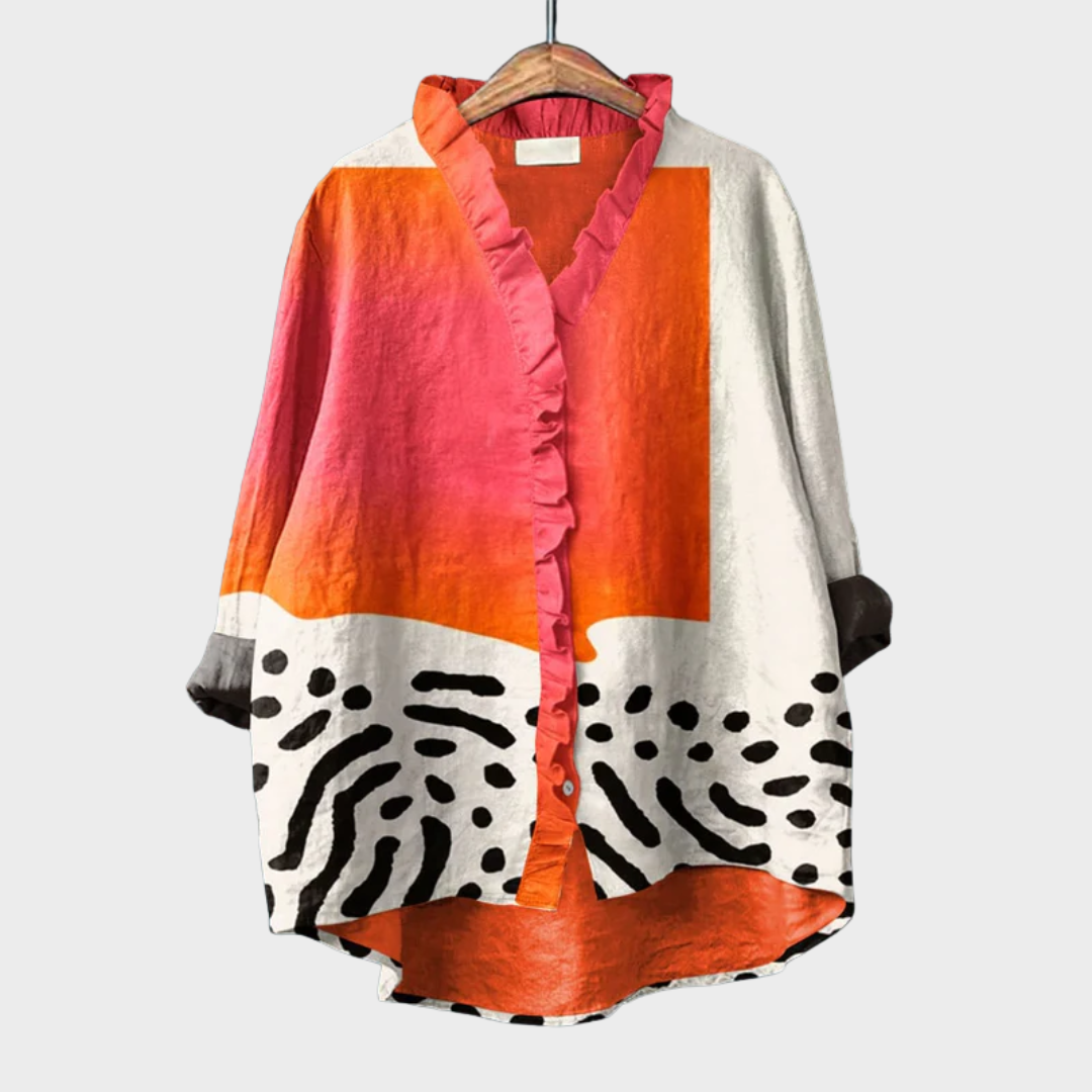 Women's elegant summer blouse with artistic print, long sleeves, and a relaxed fit, perfect for stylish casual wear.