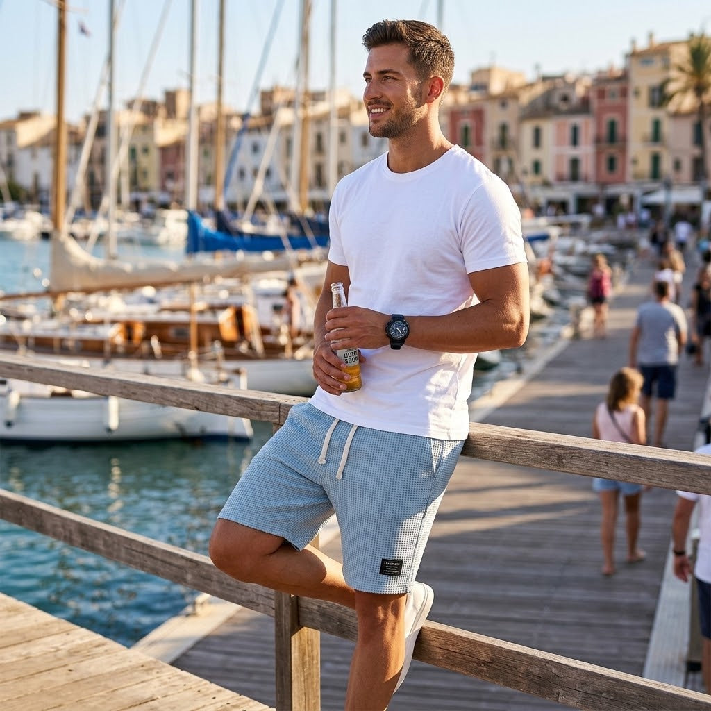 Comfortable men's textured shorts for summer vacations and beach days.