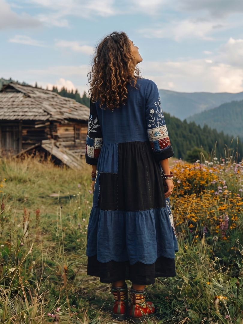 Boho chic women's midi dress with embroidered panels, long sleeves, and a flattering flowy silhouette.