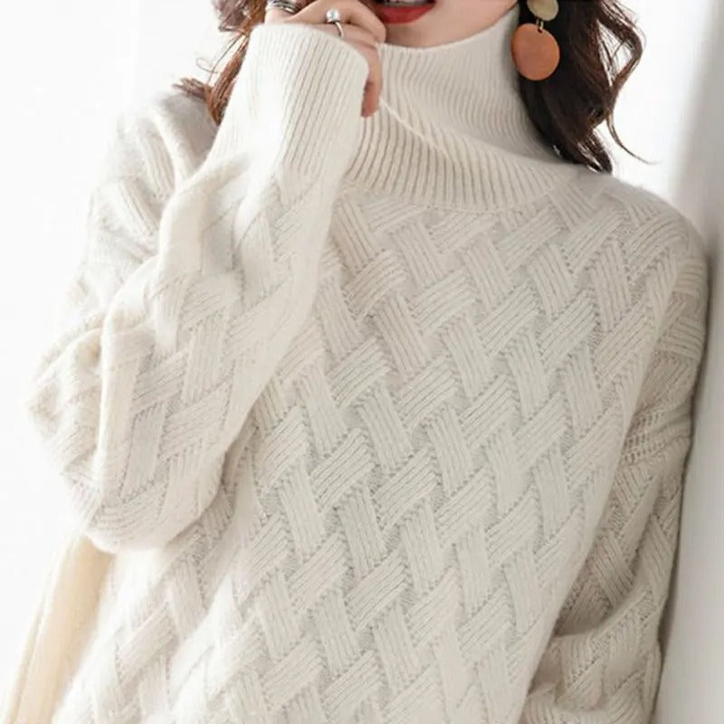 Classic women's camel high-neck sweater. Versatile luxury turtleneck pullover, perfect for warm & elegant winter style.