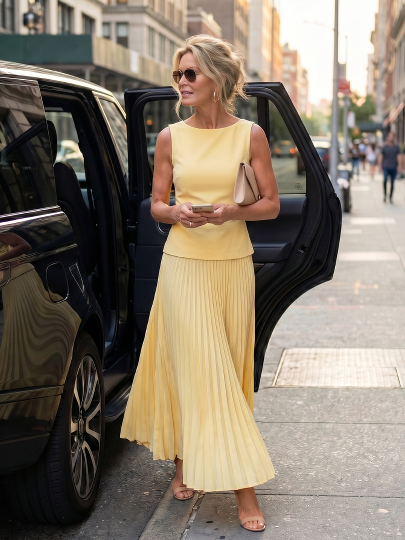 Women's formal party dress alternative: structured bodice top and elegant pleated maxi skirt two-piece set.