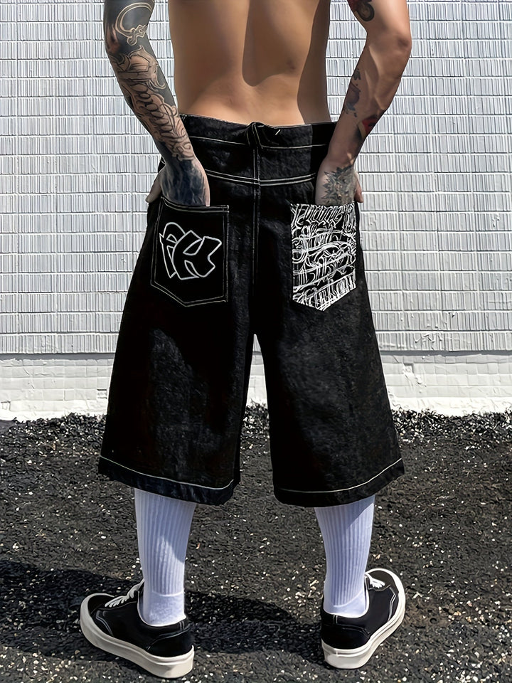 Men's summer denim Bermuda shorts, knee-length, adorned with eye-catching floral embroidery.