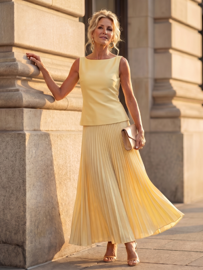 Elegant women's two-piece set: structured bodice top & flowing pleated maxi skirt, perfect for formal events.