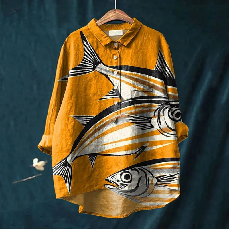 Comfortable men's casual top, long sleeve, showcasing a unique and playful fish art print design.