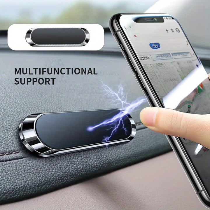 Minimalist aluminum alloy magnetic car phone holder for dashboard & vehicle tech.