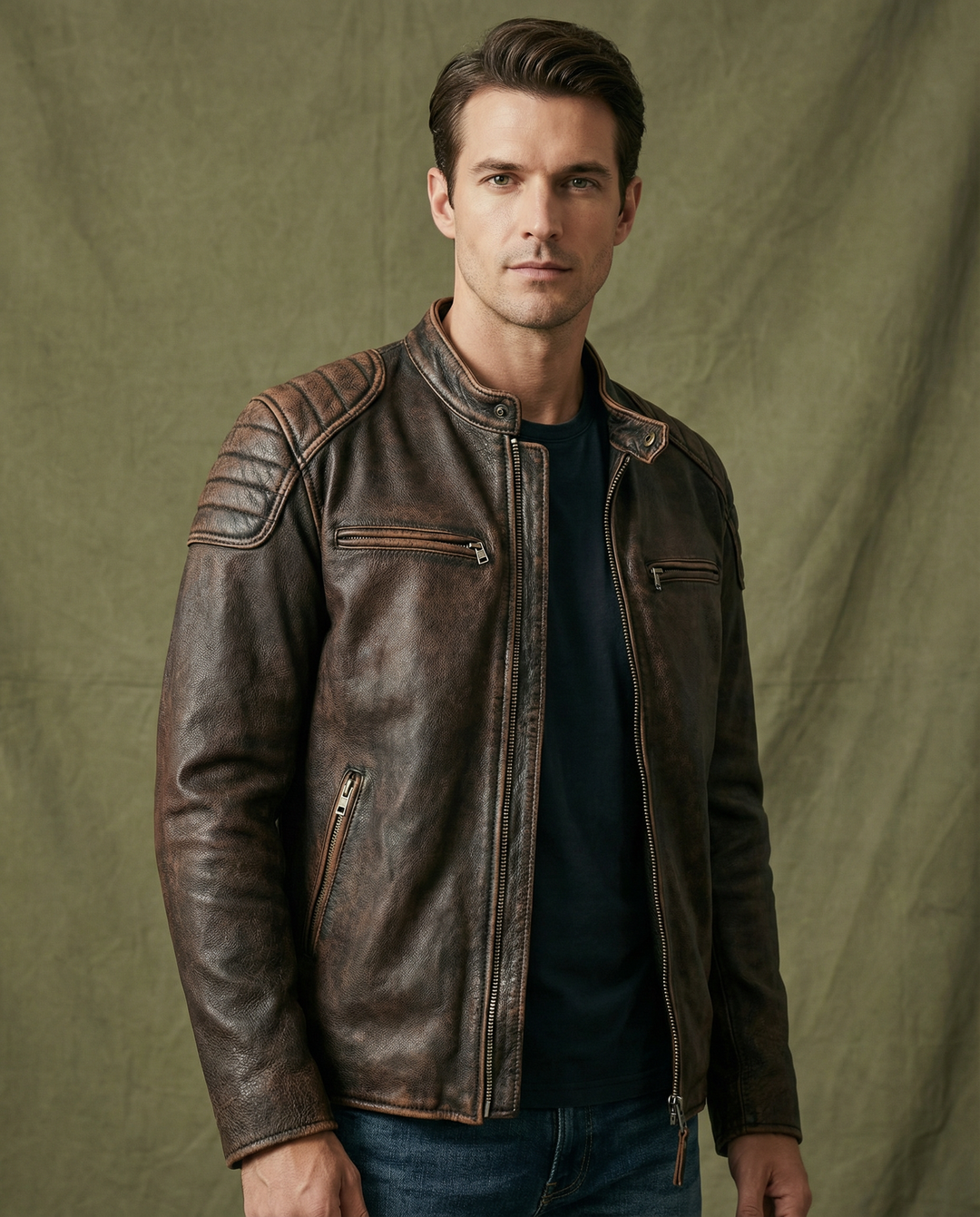 Close-up of a men's vintage distressed leather jacket, showing unique texture and rugged biker details.