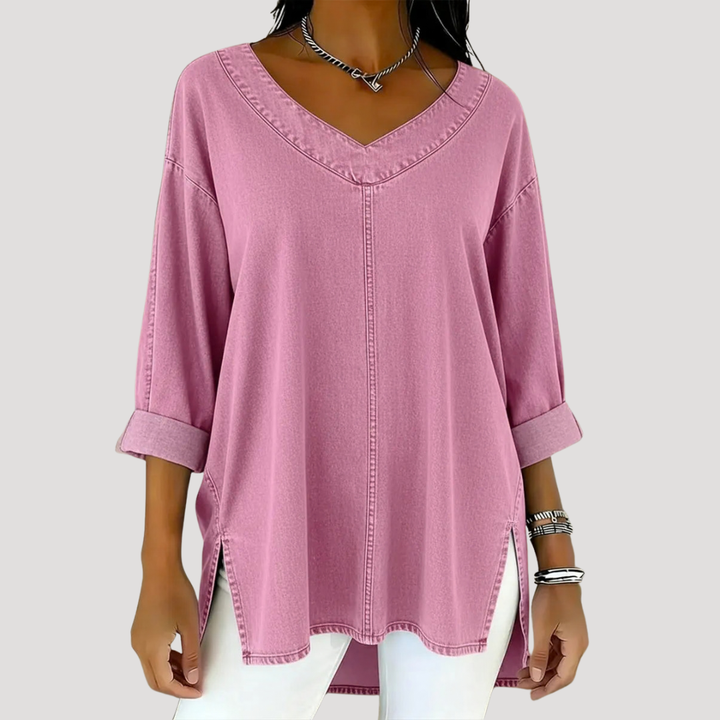 Effortless women's V-neck tunic top, a long, relaxed fit piece perfect for diverse casual outfits & everyday comfort.