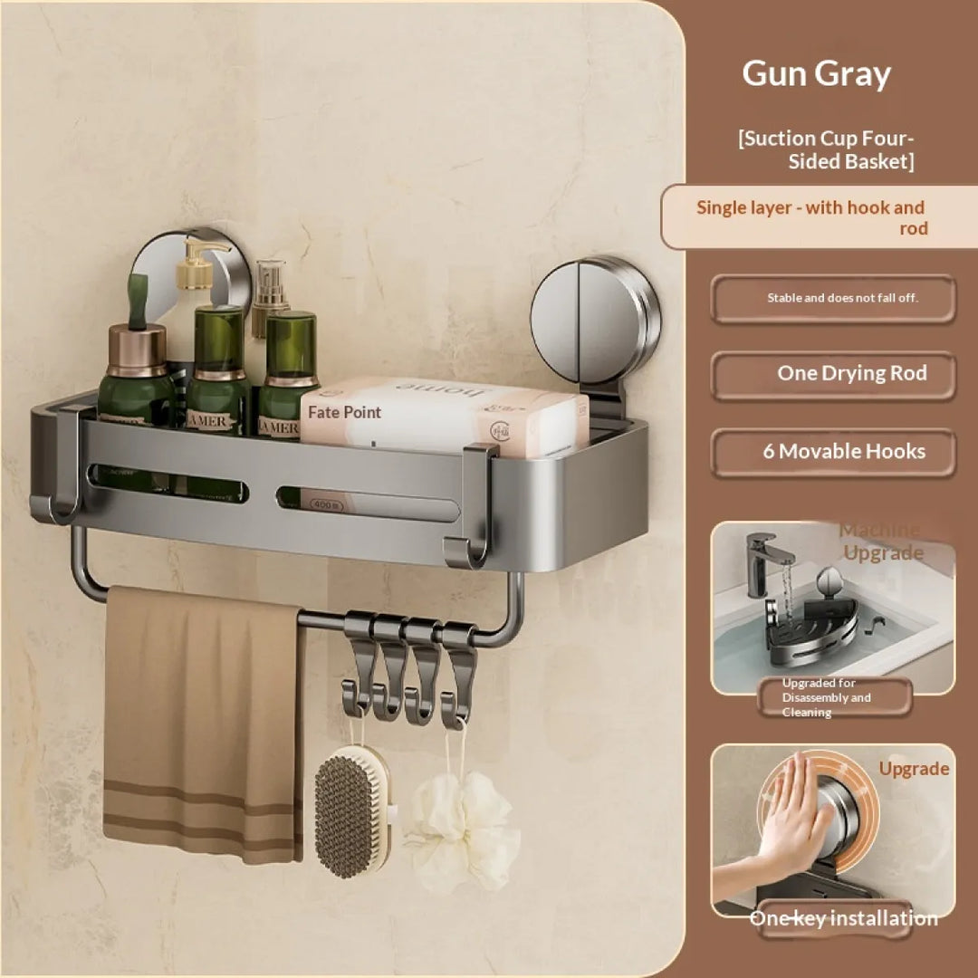 Luxury no-drill bathroom storage shelf in gun grey, perfect for organizing modern toiletries.