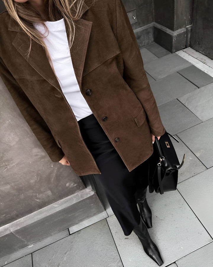 Classic black women's one-button blazer, tailored fit for timeless professional wear.