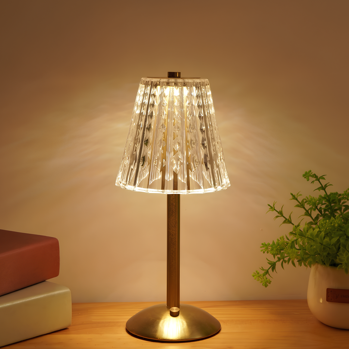 Modern Golden Crystal LED Desk Lamp, dimmable, with sleek touch control and a rechargeable battery.