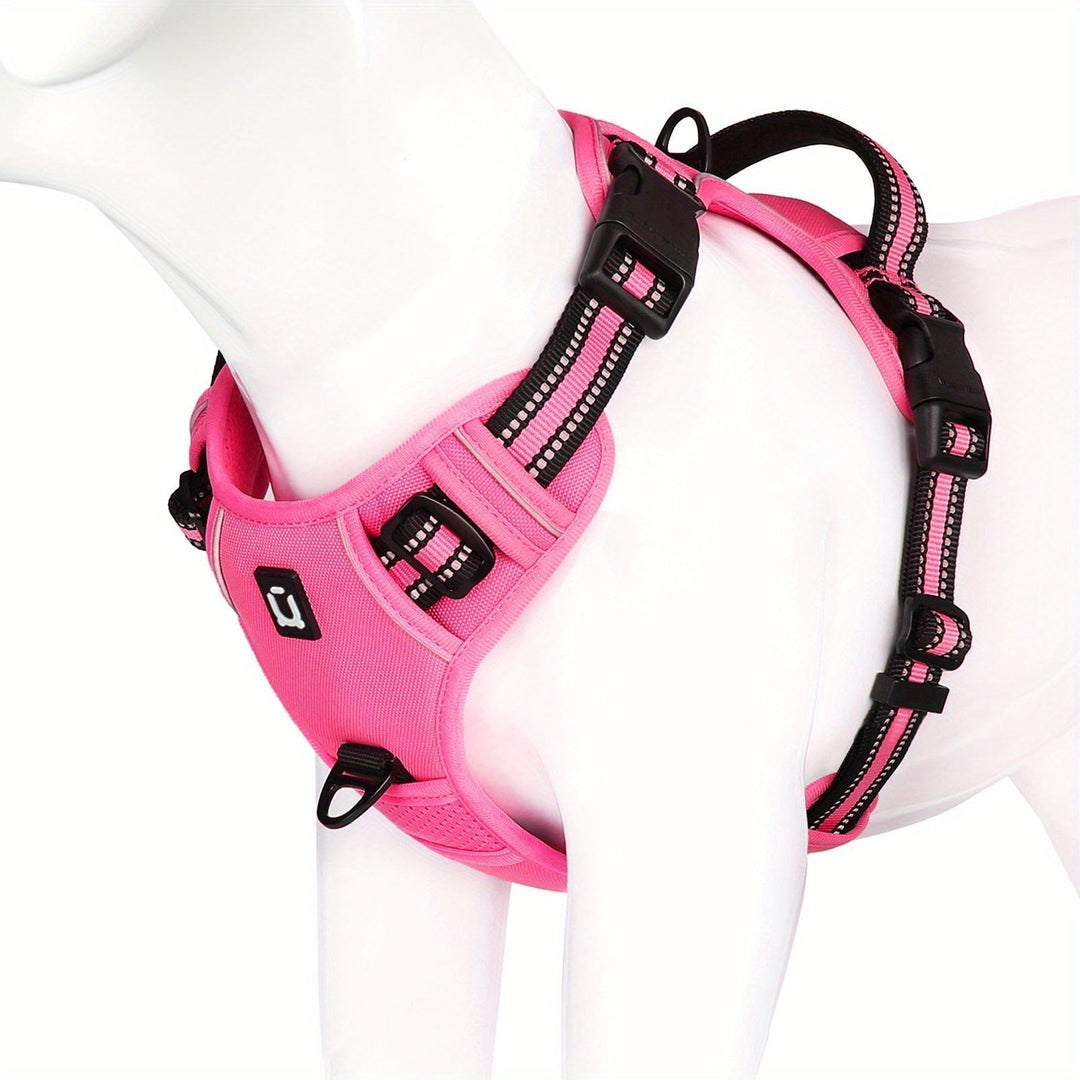 Pet walking harness with reflective elements & no-pull design for better control.