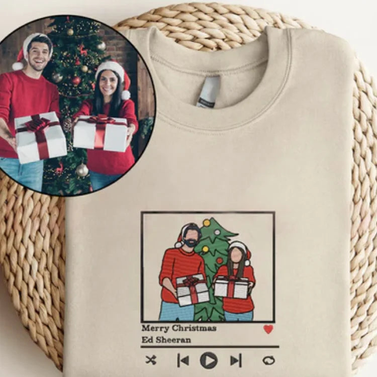 Personalized photo hoodie with music player design. Embroidered unisex dad gift.