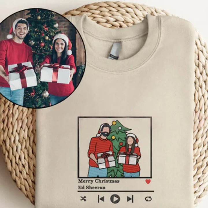 Personalized photo hoodie with music player design. Embroidered unisex dad gift.