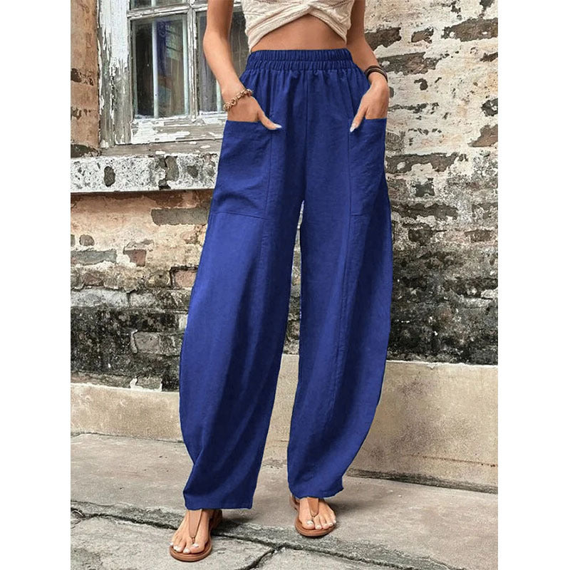 Close-up of practical side pockets on women's wide-leg palazzo pants, perfect for everyday essentials.