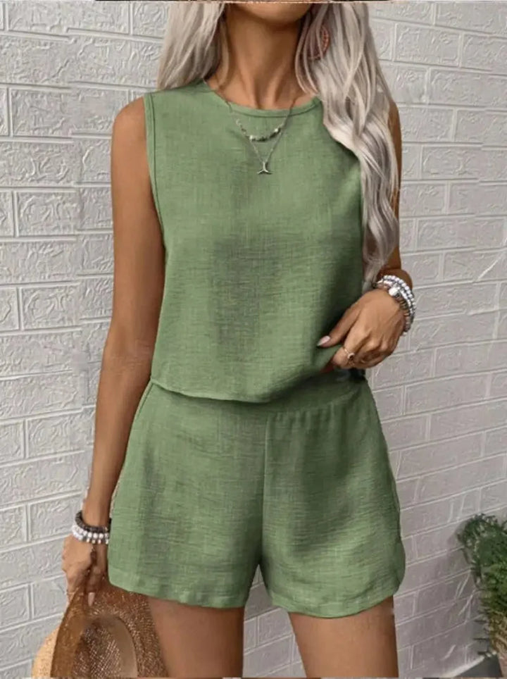 Women's comfortable sleeveless top & shorts two-piece set for summer casual wear and lounge.