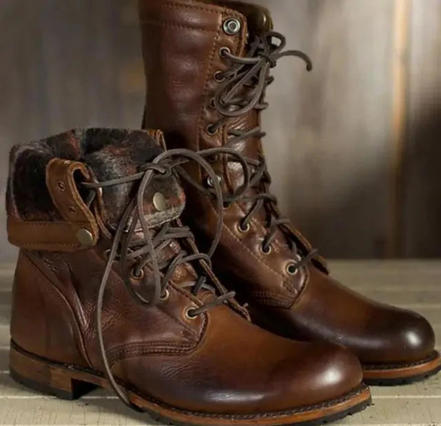 Close-up of women's dark brown leather lace-up boots, showcasing quality material & durable construction. Casual comfort.