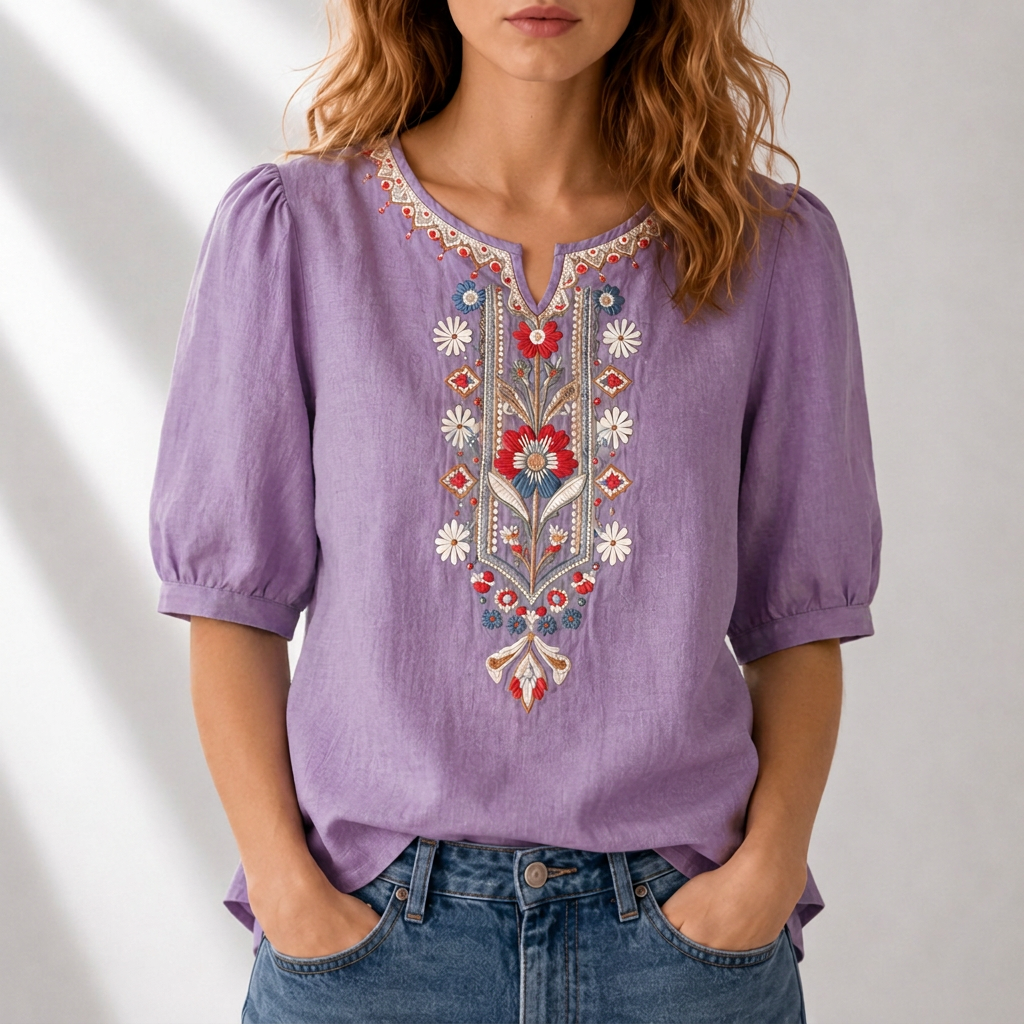 Women's relaxed fit blouse, elegant floral embroidery, split neck. Effortless spring/summer casual chic.