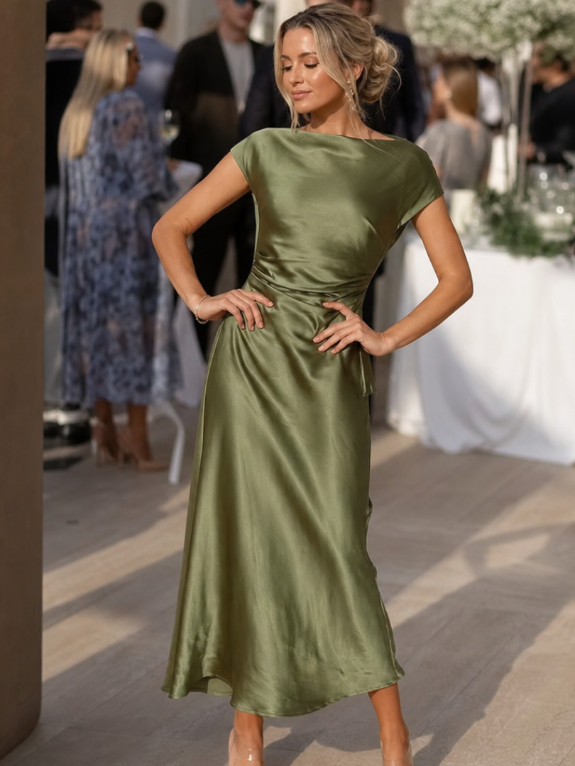 Elegant women's boat neck midi dress with short sleeves, fitted silhouette, perfect for sophisticated occasions.