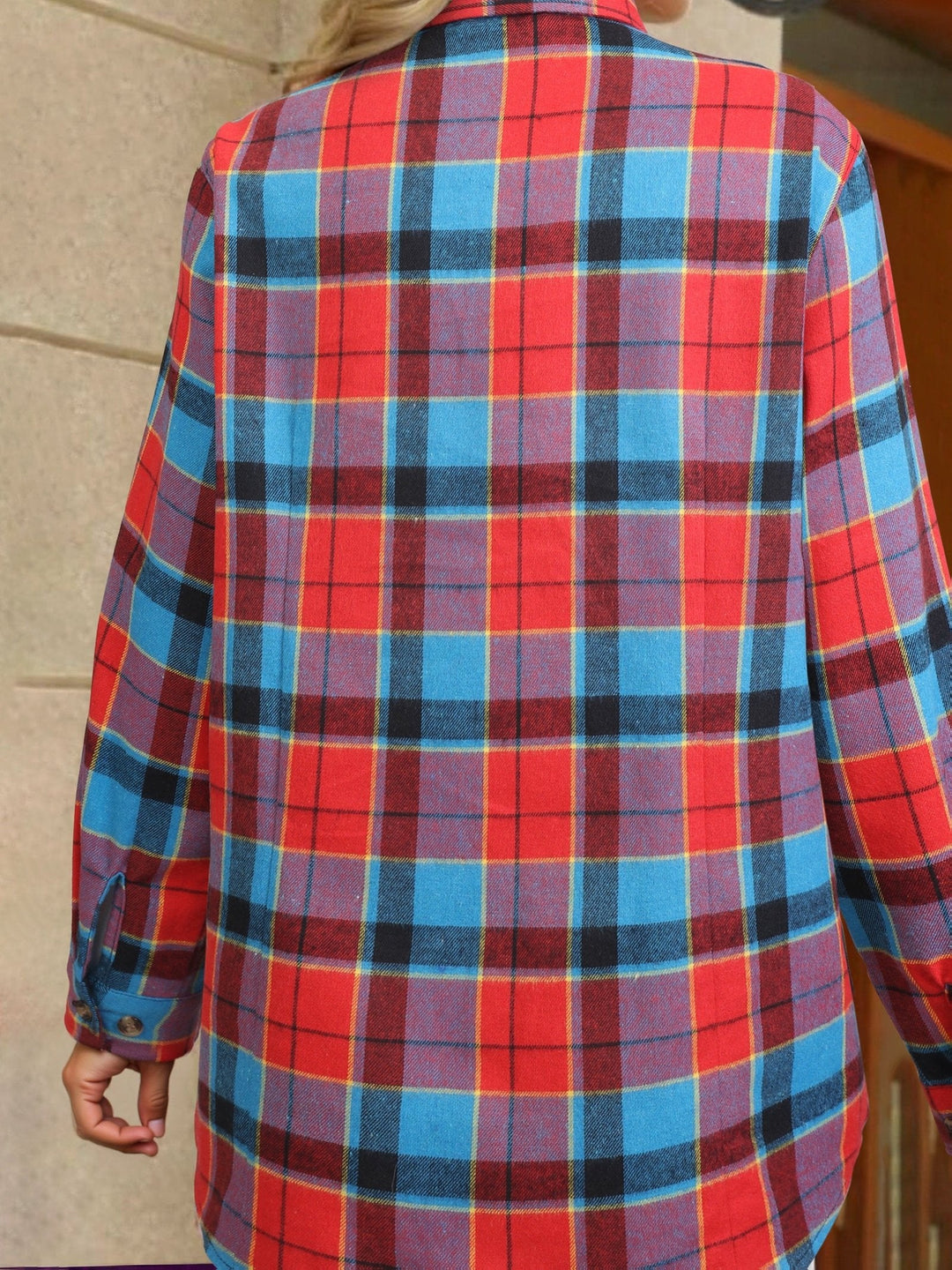 Winter women's relaxed fit plaid shirt, buffalo check, button-up, long sleeve for warmth.