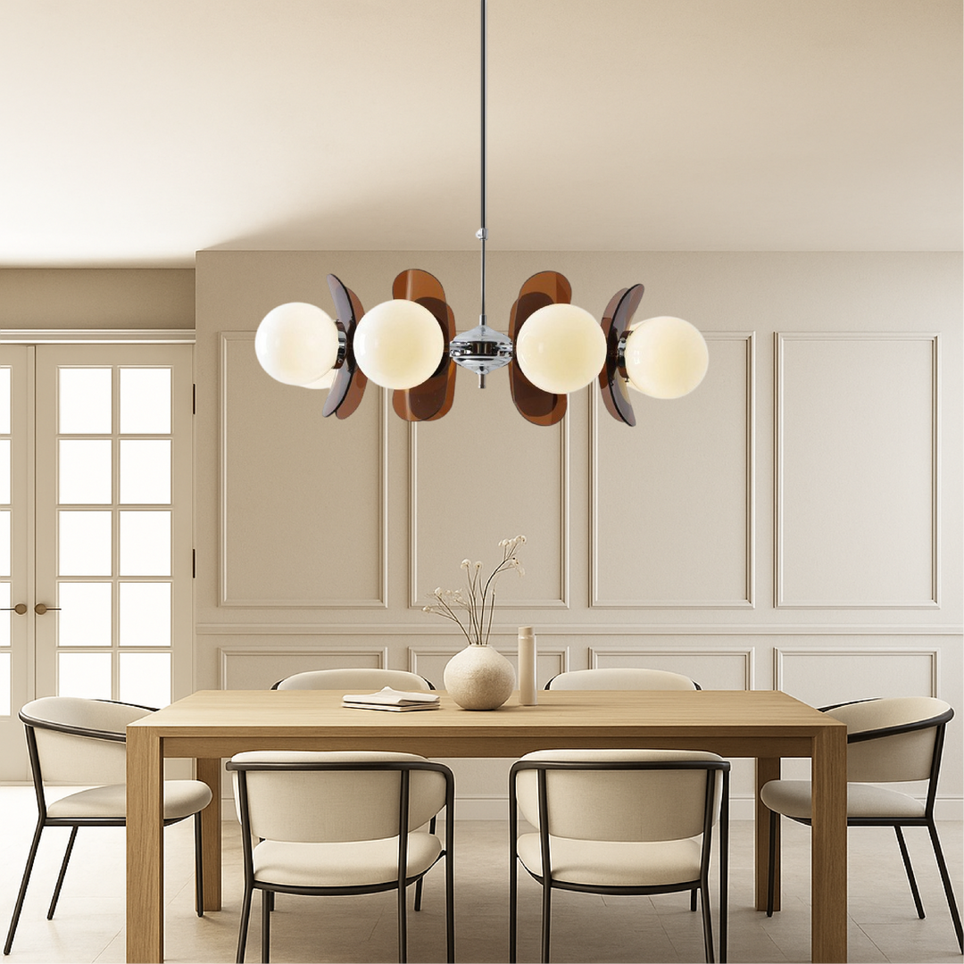 Sculptural LED geometric chandelier, matte black finish, frosted globe shades, contemporary ceiling fixture.