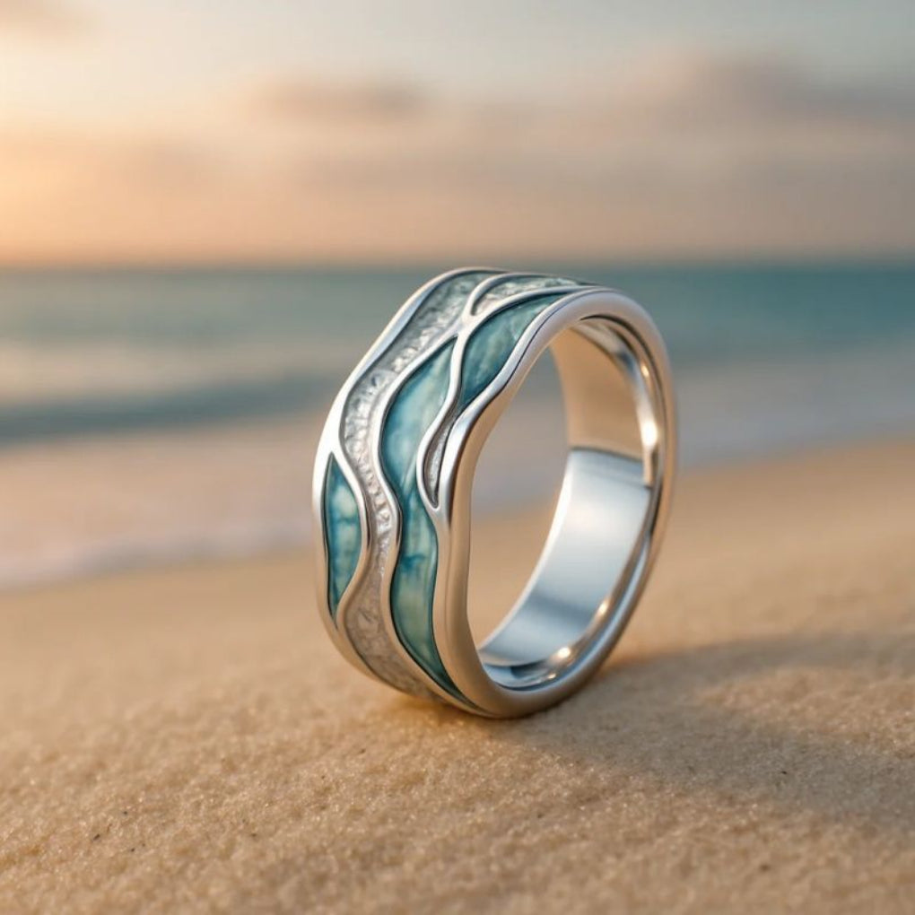 Women's Aurora Ocean Wave Ring, retro holiday design, elegant green alloy fashion jewelry for her.
