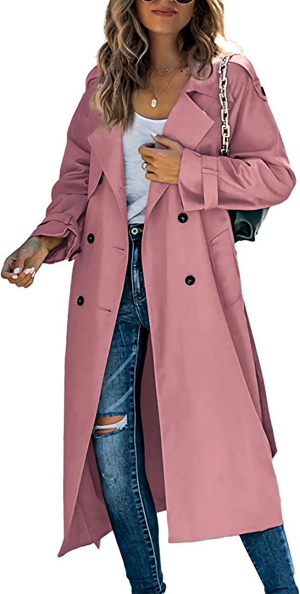 Premium women's oversized double-breasted trench coat, elegant and chic with a functional tie belt.