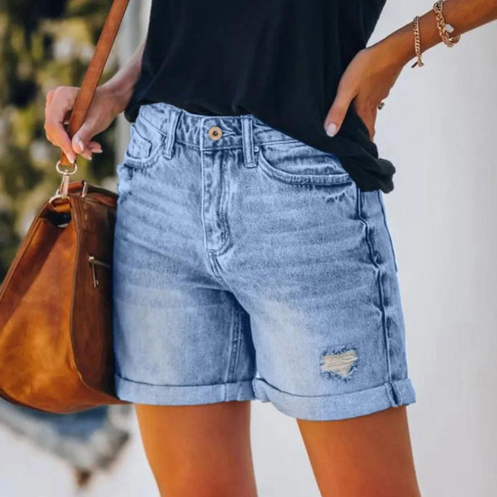 Blue high-waisted women's shorts, perfect for summer vacation outfits & everyday casual chic style. Comfortable fit.
