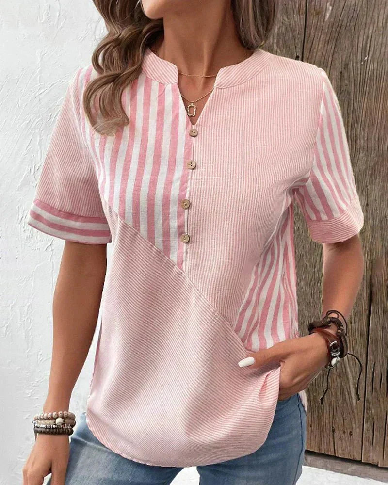 Women's soft striped blouse with long sleeves and round neck, perfect for everyday casual elegance.