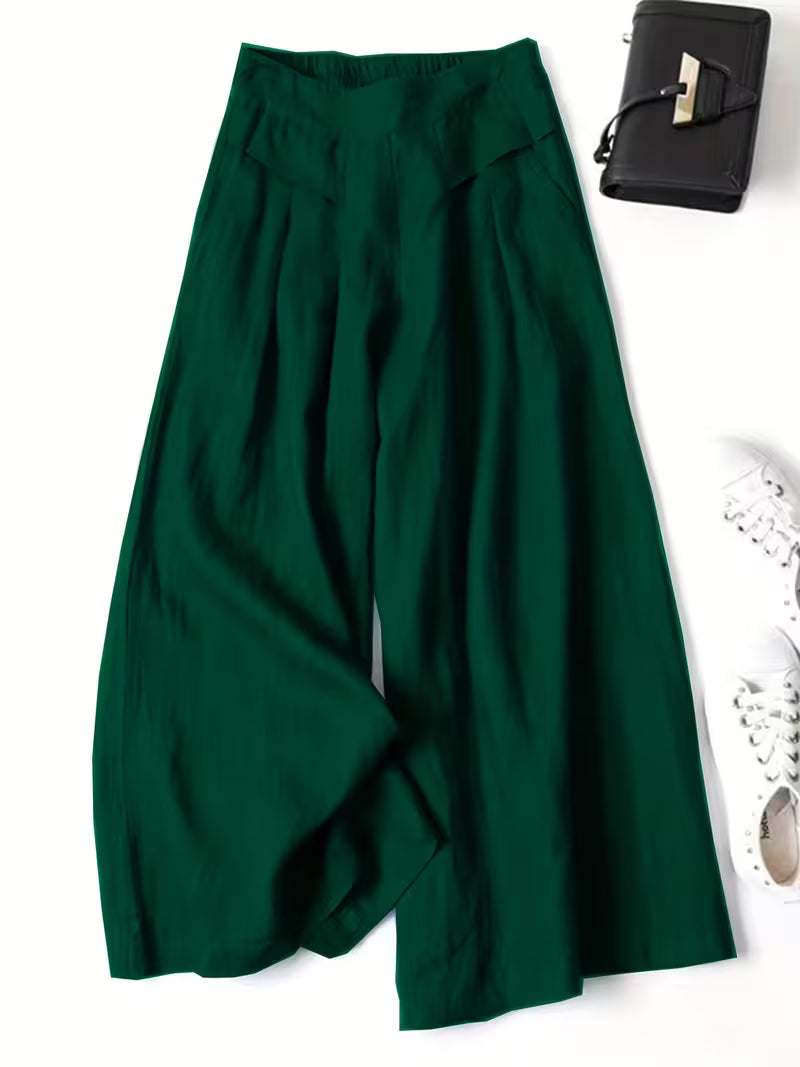Comfortable women's wide-leg pants with a relaxed, loose fit and elastic waist.