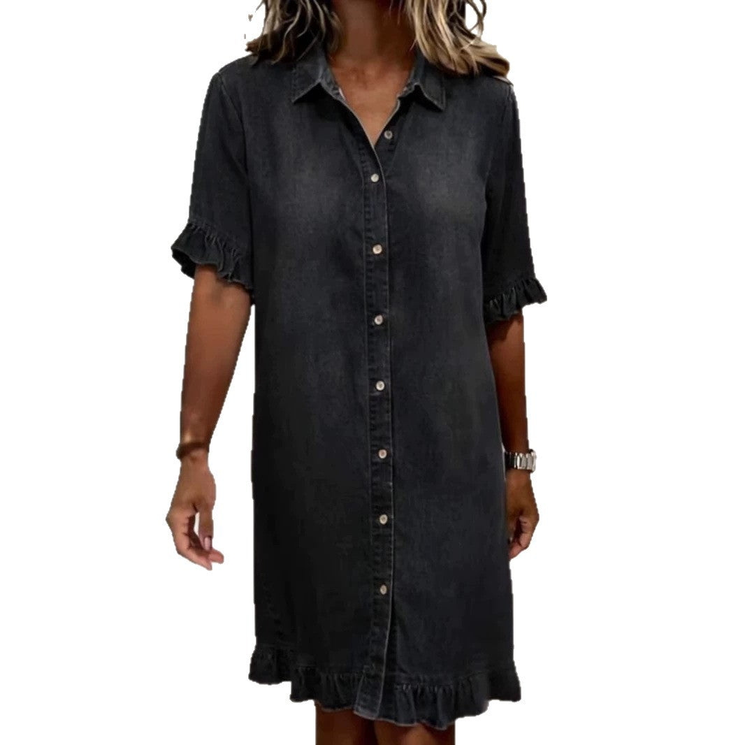 Lightweight faux denim women's shirt dress with delicate ruffles and a flattering casual silhouette. Feminine.