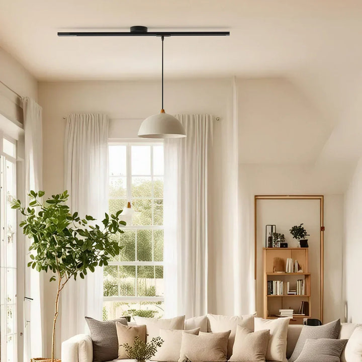 Contemporary white pendant light system. Rotatable track for custom home decor lighting.