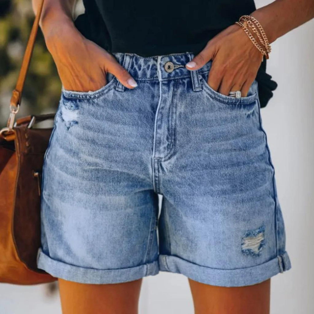 Elegant women's high-waisted blue summer shorts for casual chic style, perfect comfort wear & vacation outfits.